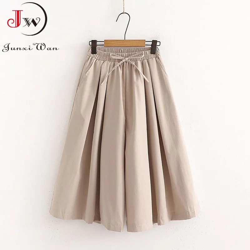 Women Summer Shorts Skirts Solid Elastic Waist Loose Casual Elegant Cotton Wide Leg Pants Korean Style Girls Midi Trousers