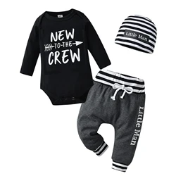 3PCS Toddler Baby Boys Clothes Set Long Sleeve Newborn Romper Tops Loose Pants Stripe Hat Autumn Suit Outfit Infant Clothing Set