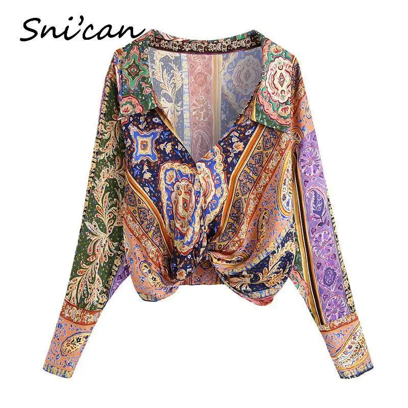 Paisley Ungu Blus Satin Boho Simpul Kerah Lipat Bawah Kemeja Wanita Lengan Panjang Za 2021 Perempuan Atasan Chic Kasual Longgar Wanita