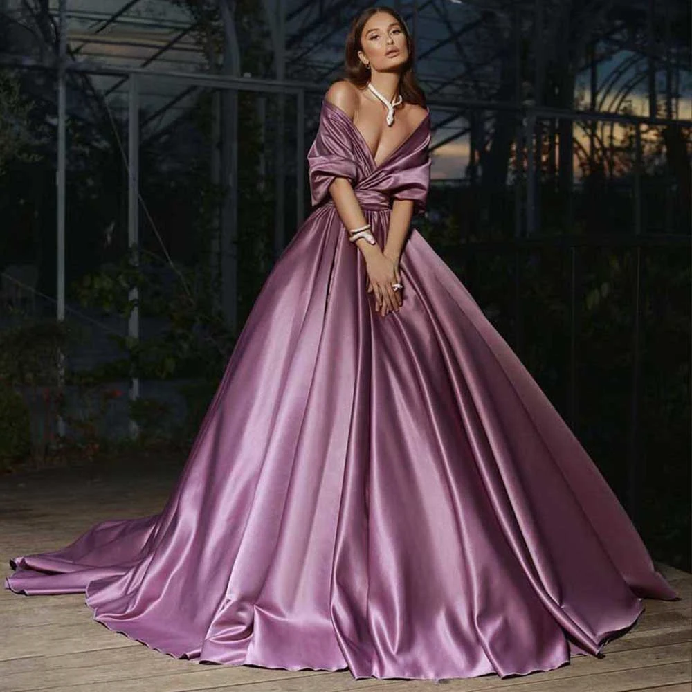 BridalAffair Purple Ball Gown Satin Prom Dresses Sexy Deep V-Neck Evening Party Gowns Pleats Special Occasion Dress for Women