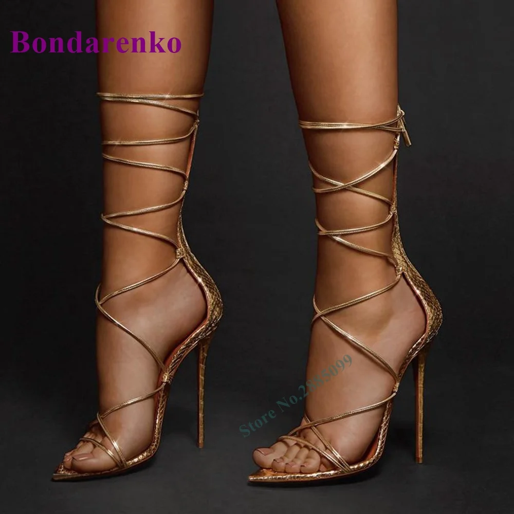 

Golden Snake Pattern Lace Up Sandals Open Toe Thin High Heels Solid Cross Tied Cover Heel Sexy Lady Summer Party Dress Sandals