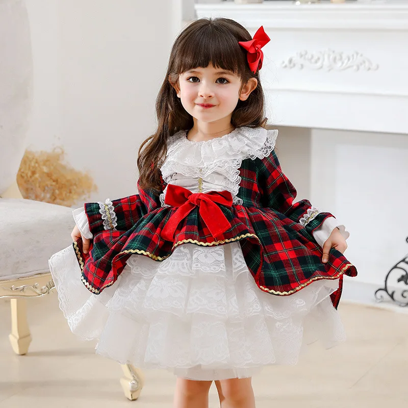 Lolita Girl Dress for Girls Toddler Lace Plaid Dresses Party Birthday Wedding Dress Spanish Court Ball Gown Princess Vestidos