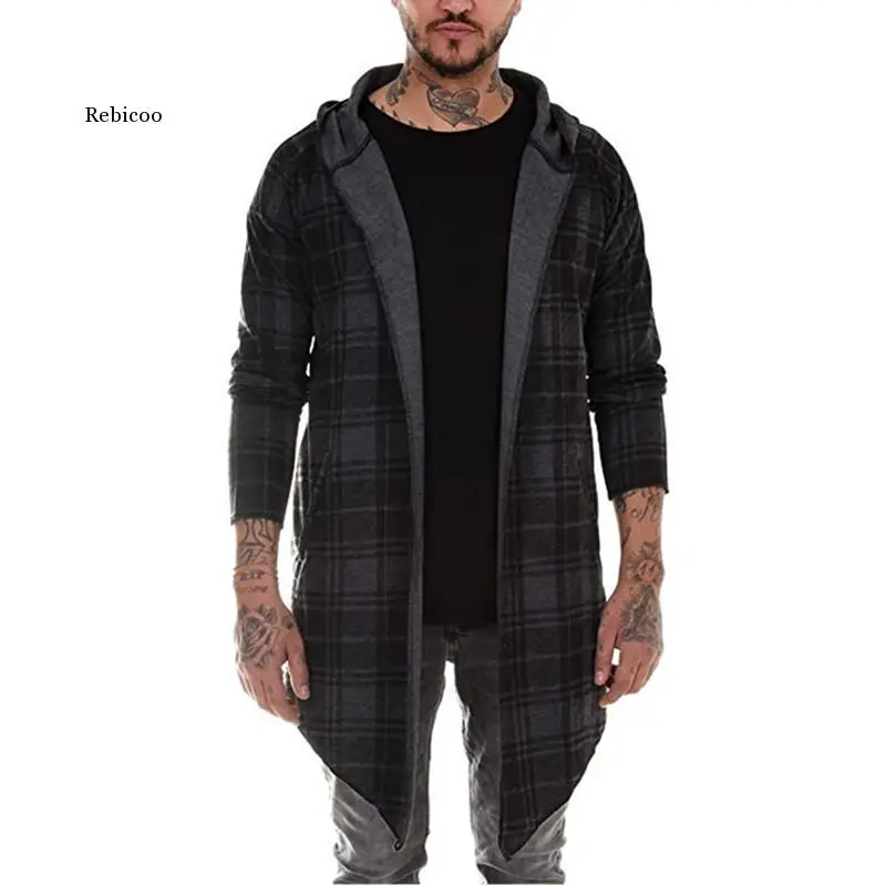 Long Coat Men Gothic Trench Coat Men Cardigan Slim Long Cloak Sweater Hooded Knitted Plaid Fashion Jacket Autumn Steampunk