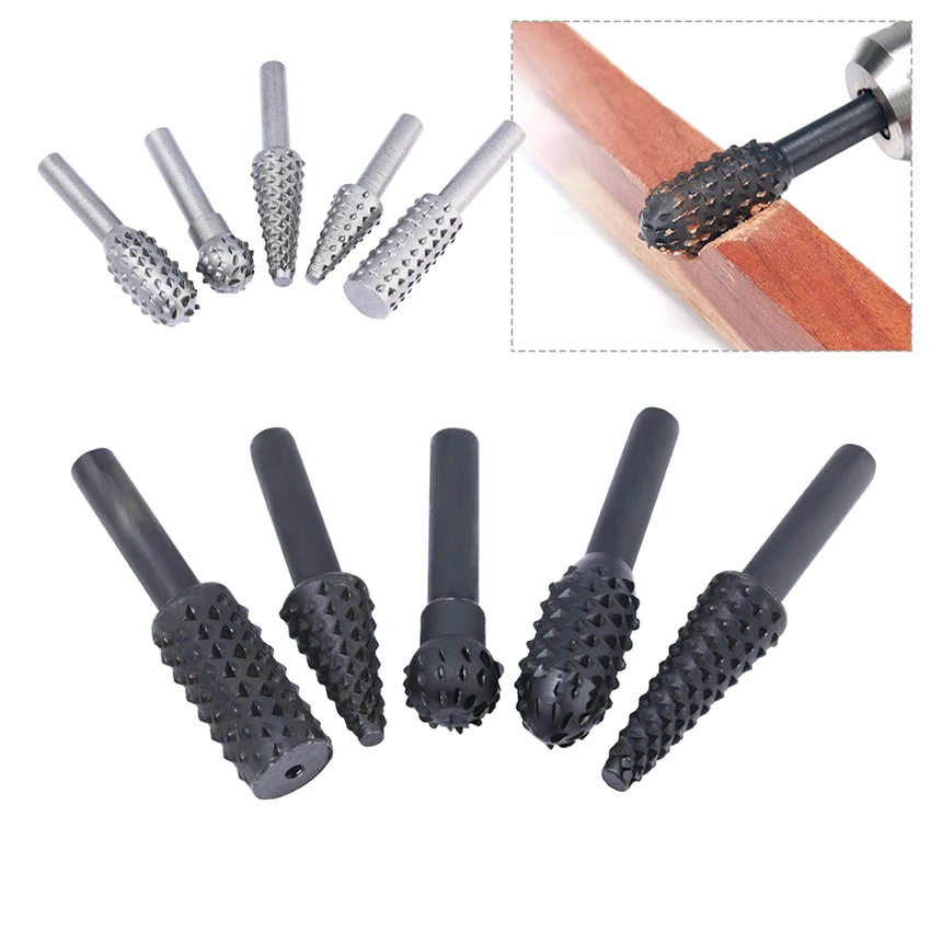 5Pcs/set Carbon Steel Rasp File Drill Bits Set, Woodworking Carving Grinder Drill Rasp Tool, 1/4" Round Rotary Files Set дереву
