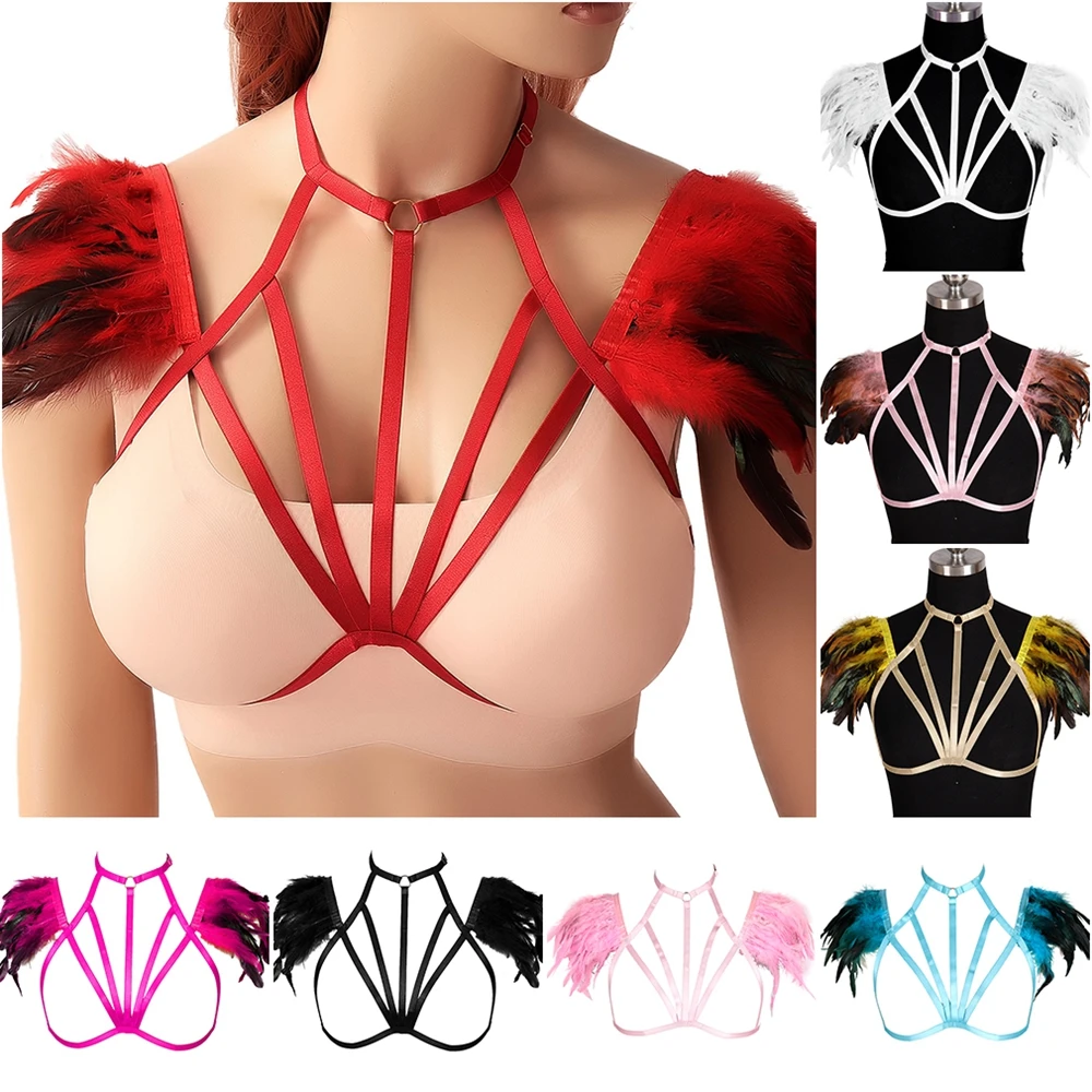 Feathers Bondage Cage Bralette Sexy Bdsm Harness For Women Epaulette Shoulder Wings Crop Goth Steampunk Festival Rave Clothing