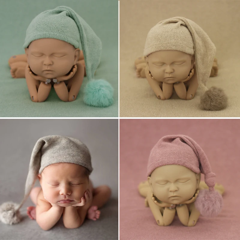 Newborn Props Photography Bonnet Baby Photo Shoot Accessories Props Knit Fur Ball Baby Knot Hat Photo Studio For Photoshoot