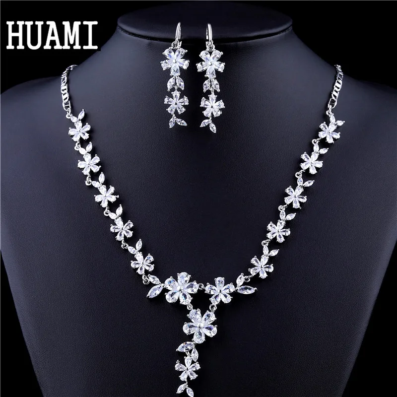 HUAMI Earrings Flower Nacklace Luxury High Quality Jewelry Sets for Brides Wedding Engaged Kolczyki Damskie Collier Femme