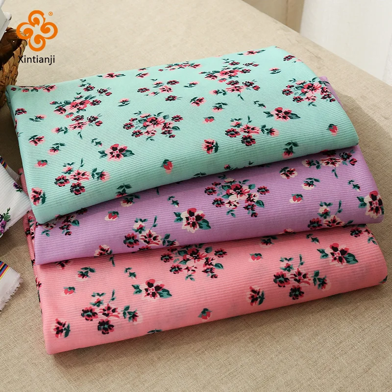 0.5/1/2 Meters Stretch Jersey Rib Elastic Knit Fabric Floral Print DIY Sewing Fabrics For Clothes Kids Little Girl Dress