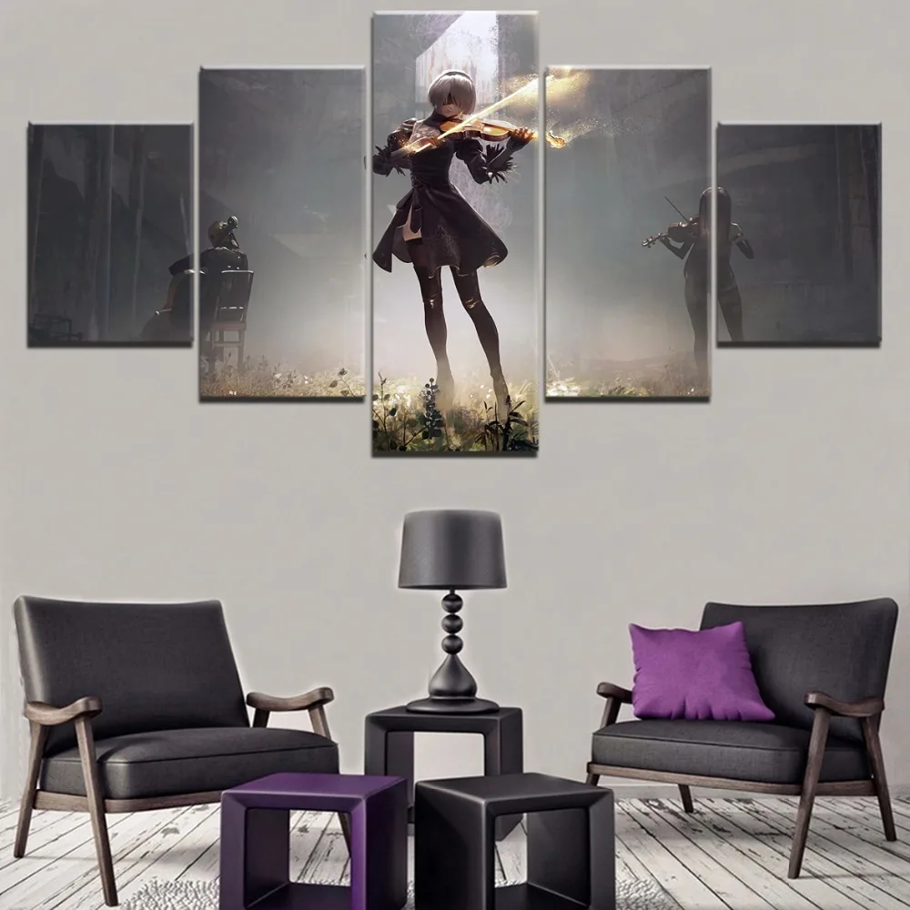 

5Pcs NieR Automata 2B Play Violin Game Posters Canvas Wall Art Pictures Decoration Living Room Accessories Home Decor Paintings
