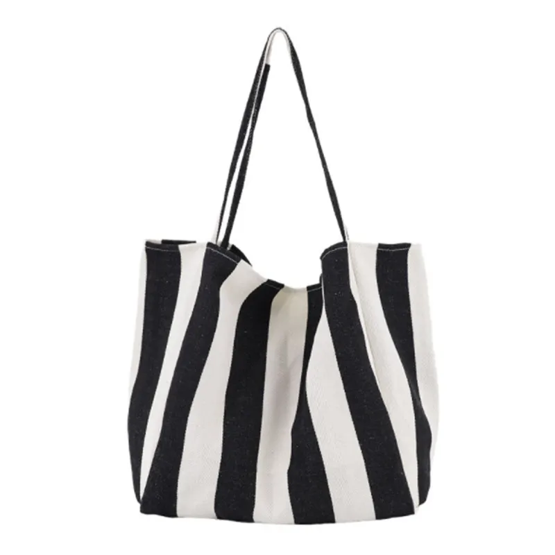 

2023 Fashion Ladies Classic Striped Canvas Handbag Large Capacity Shoulder Bag For Female Simple Beach Casual Totes Shopping Bag