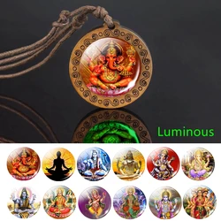 Glow In The Dark Buddha Necklace Indian Jewelry Hinduism God Brahma Vishnu Shiva Art Picture Wooden Pendant Necklace