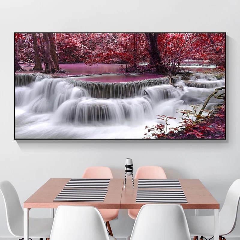 

Natural Waterfall Landscape Canvas Painting Forest Red Tree Scenery Posters and Prints Wall Art Picture For Living Room Decor