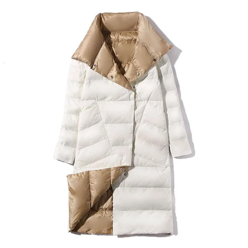 Chaqueta larga de plumón de doble cara para mujer, abrigo de plumón de pato blanco con cuello alto de invierno, Parkas cálidas con doble botonadura, prendas de vestir para nieve