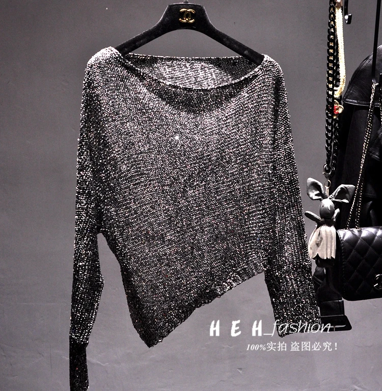 Cakucool Sequins Knit Tops Women Shiny Long Sleeve Pullover Off Shoulder Slash Neck Asymmetric Bling Top Thin Sweater 7color