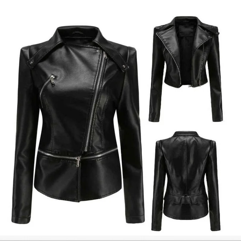 VXO Fashion Women's Leather Jacket Bright Colors Motorcycle Coat Faux Zipper Turn-down Collar Soft Leather Jacket Female