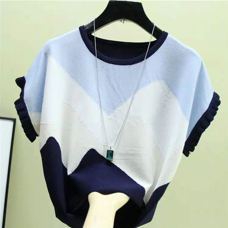 shintimes Thin T Shirt Women Knitted Stitching Color Tee Shirt Femme Summer Loose Tops Woman Short Sleeve Casual T Shirts Female