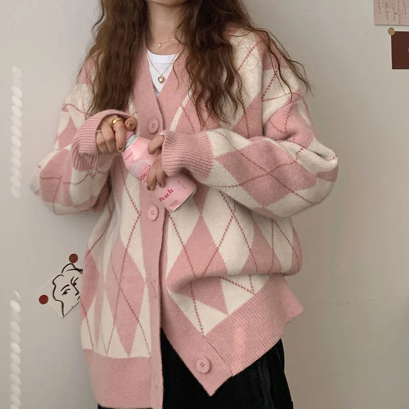 Cardigan Women Knitted Sweater Argyle Loose Sweater Single Breasted Student Lovely Knitwear Korean Oversize Cardigan Winter Tops