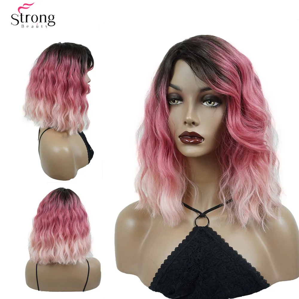 StrongBeauty Women's Medium length Curly Pink Wig Ombre Natura Side Bang Style Synthetic Wigs Hair