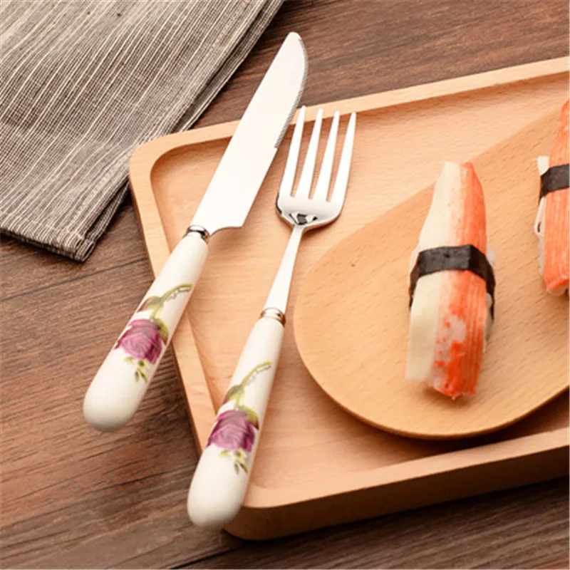 1pc Ceramic Handle Stainless Steel West Tableware Cutlery kitchen knives Fork Spoon Set Dinnerware Steak Knife Fork