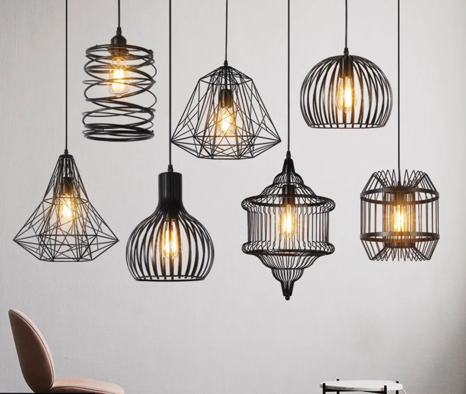 Cage Light Frame Pendant Industrial wind restaurant wrought iron simple lights single head Nordic creative black pendant light