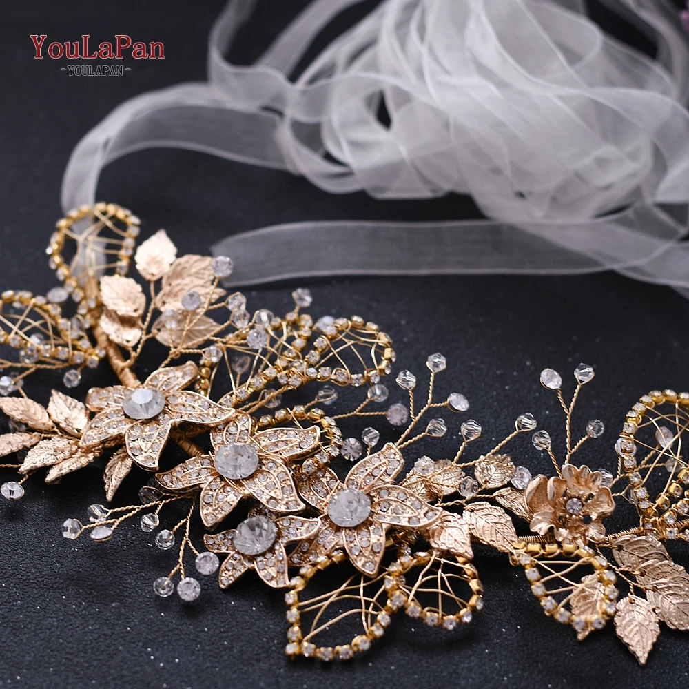 YouLaPan cinturón Floral con diamantes de imitación para mujer, cinturón brillante para vestido, cinturones de boda para mujer, cinturón nupcial con flores doradas, SH282