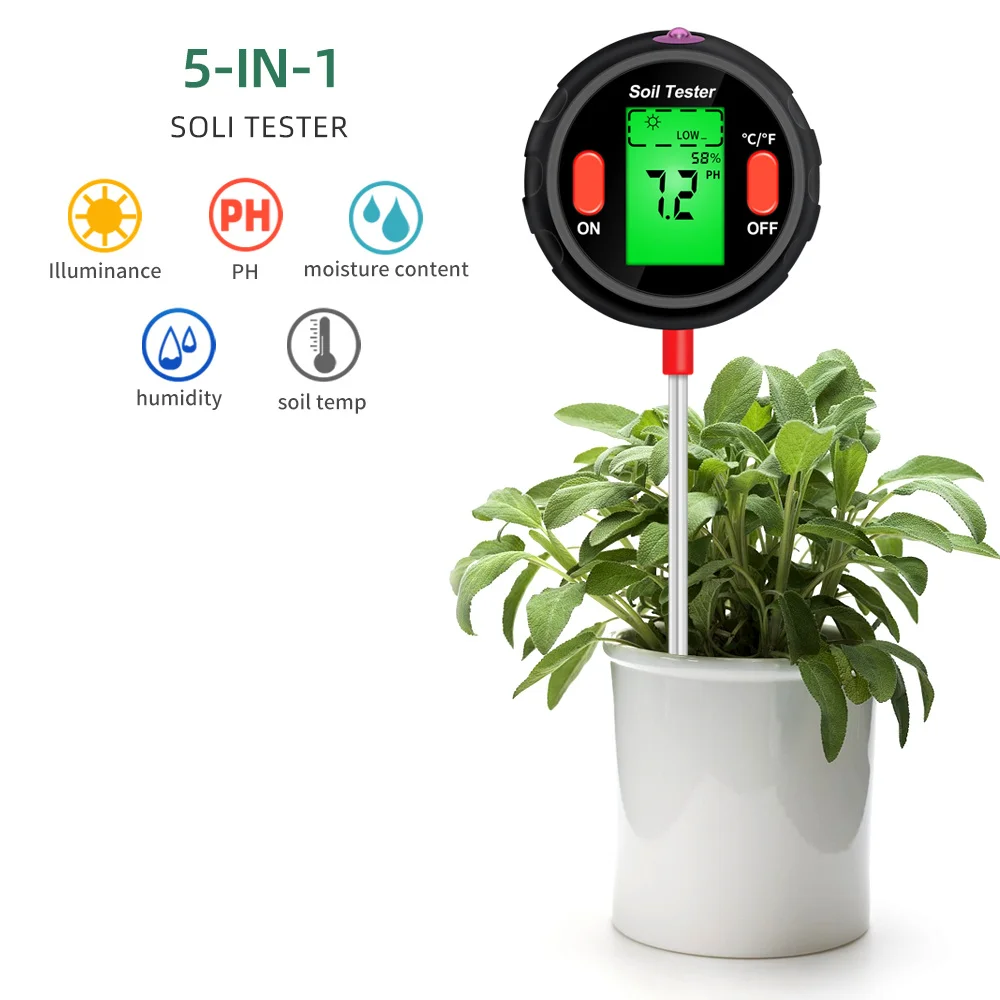 

5 in 1 Soil Ph Meter Humidity Moisture Light Temp Soil Acidity Tester Moisture Sensor for Plants Flowers Garden Tool