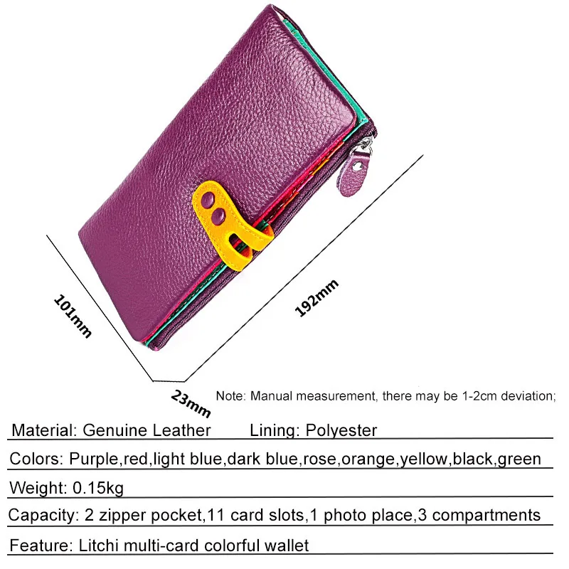 CICICUFF-Portefeuille en cuir véritable pour femme, pochette longue pour femme, sac à main avec poche zippée, porte-téléphone coloré, porte-monnaie