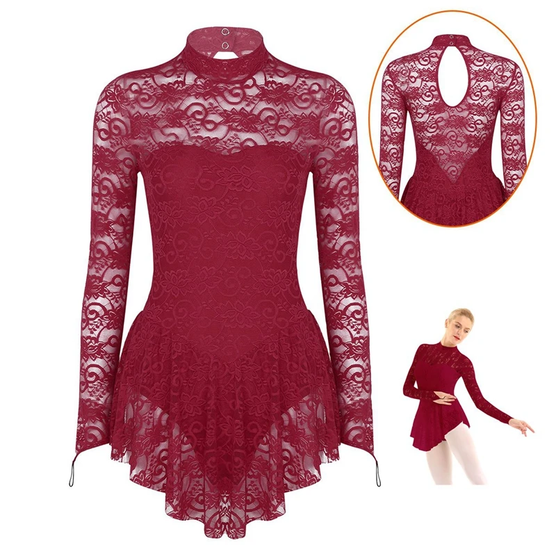 Women Ballet Dance Dress Long Sleeves Floral Lace Chiffon Gymnastics Workout Leotard for Lyrical Dancewear Stage Performance