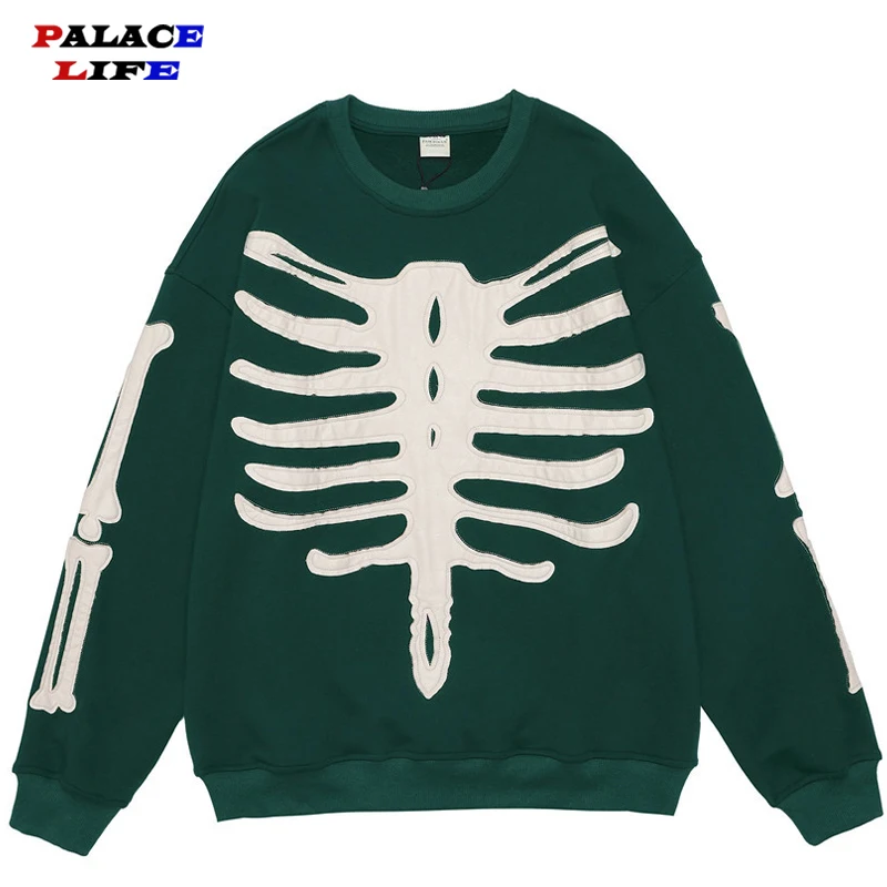 

Skeleton Patch Embroidery Hoodie Sweatshirts Men Hip Hop Autumn Casual Loose Round neck Pullover Cotton Casual Hooded Sweatshirt