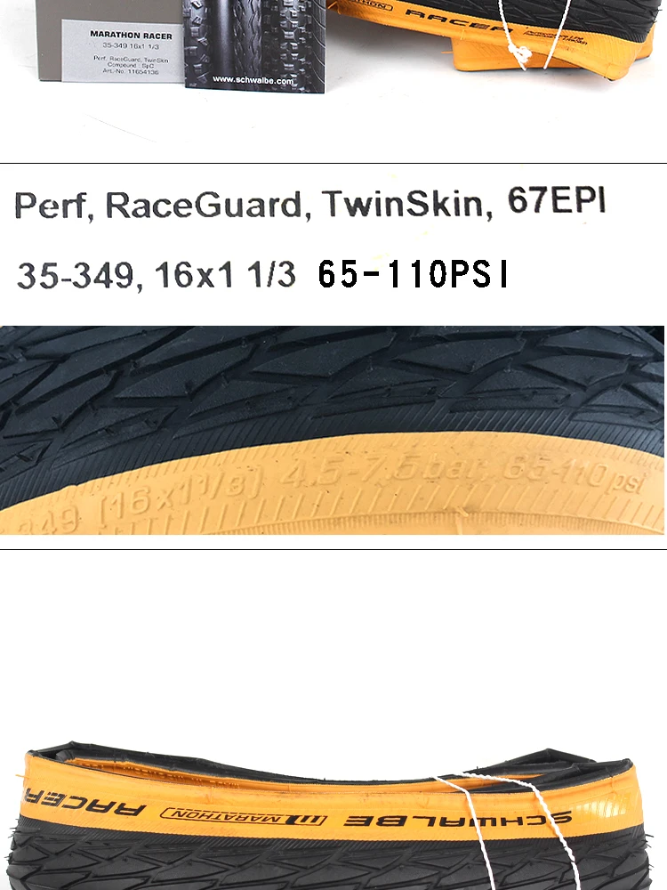 Schwalbe Marathon Racer 35-349 16 Zoll Fahrradreifen 16x1 1/3 Ultraleicht Gelber Seitenstreifen für Faltbare Reifen – Detail 2