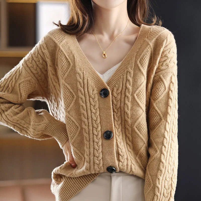 Winter 100%Pure Cashmere Cardigan Women\'s Plus Size Sweater 2021 New V-Neck Twist Coat Wool Knit Thick Warm Shirt Female Jacket