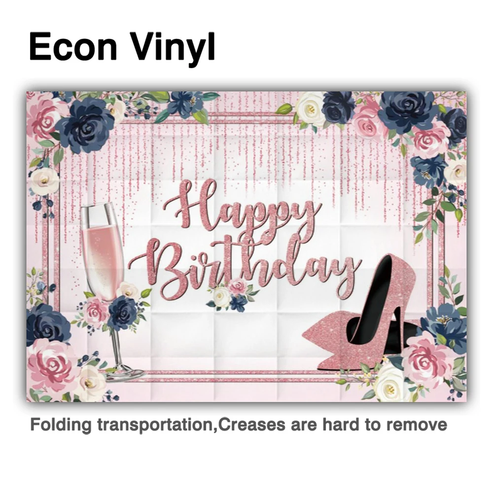 Allenjoy Happy Birthday Pink Girl Party Backdrop Flowers Champagne Glitter High Heels Lady Celebration Background Photo Props