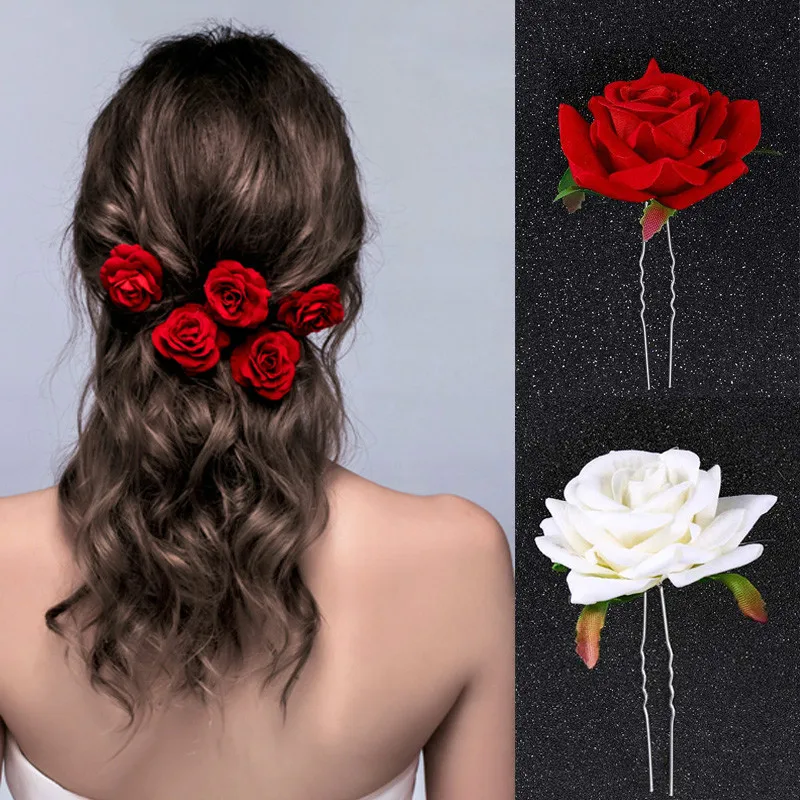 U Shape Hairpin Red White Artificial Rose Flower Hair Pins Sticks Clips Bride Noiva Wedding Hair Accessories Party Headpieces