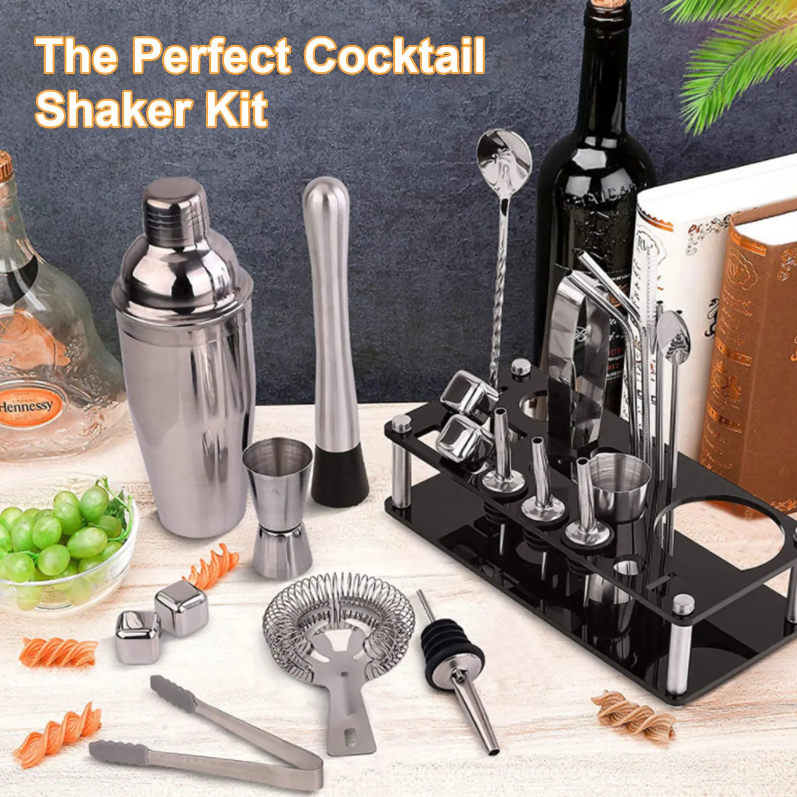 Cocktail Making Set Shaker Stainless Steel Bar Tool Bartender Kit ​with Display Stand Ice Cube Mixing Spoon Recipes Book Gift