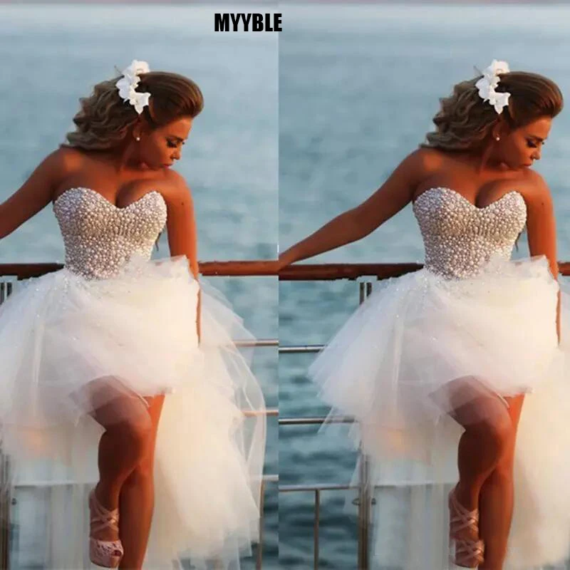 Customizd Vestido De Noiva Unique Pearls Sweetheart Tulle Short Front Long Back Wedding Dress Beach Knee Length Bridal Gown