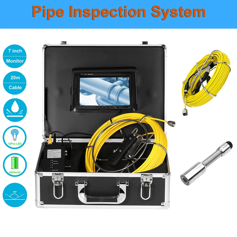 

8GB SD Card 23mm 1000TVL Industrial Video Camera Endoscope Pipe Sewer Inspection Drain System 7" Display 12pcs LEDS 20m Cable