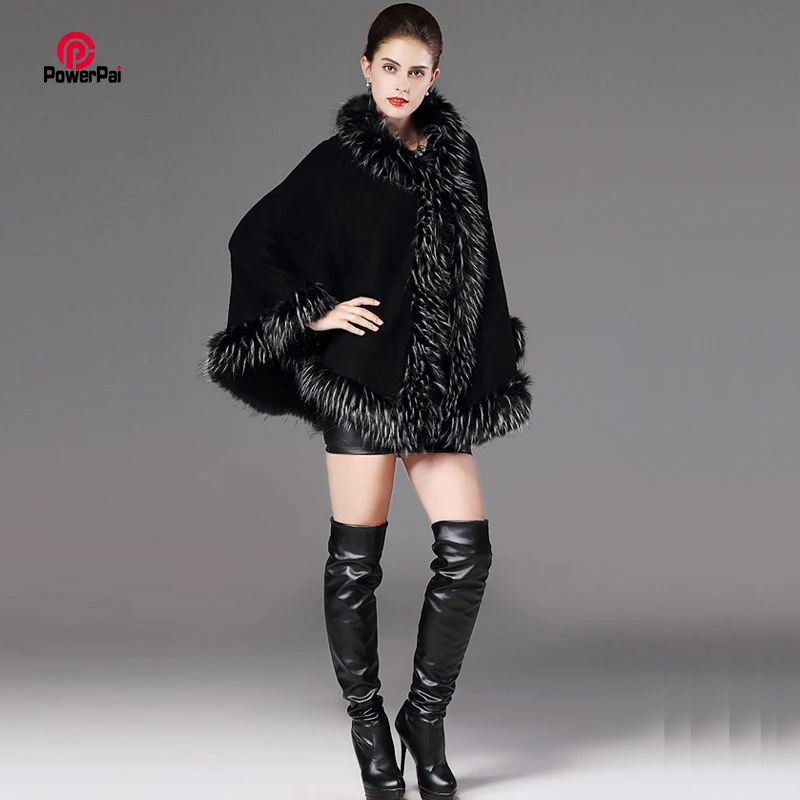 

Fashion Full Trim Faux Raccoon Fur Cape Coat Hooded Shawl Women Winter Knit Acrylic Cashmere Cardigan Loose Cloak Overcoat