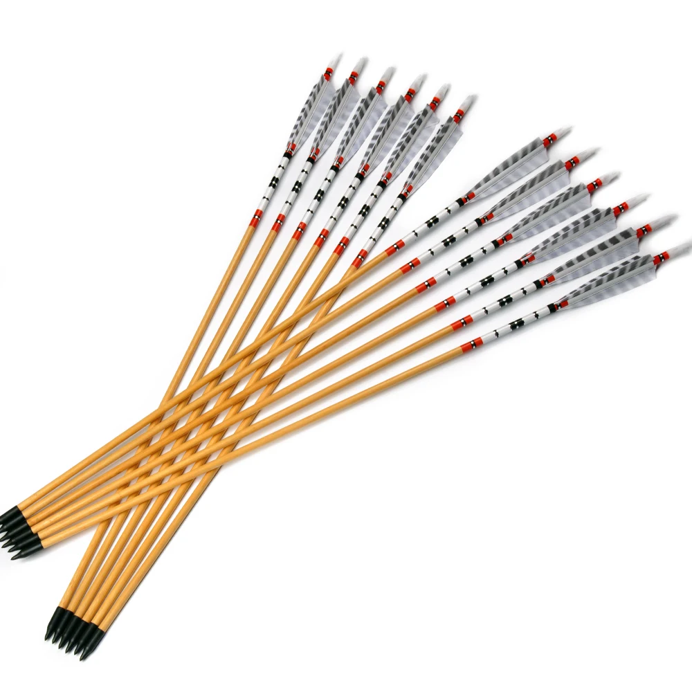 12PCS 85cm OD8.5mm Wood Arrows with Turkeys Feathers Spine 500 Wooden Arrows for Recurve Compound Bow Longbow Archery Shooting