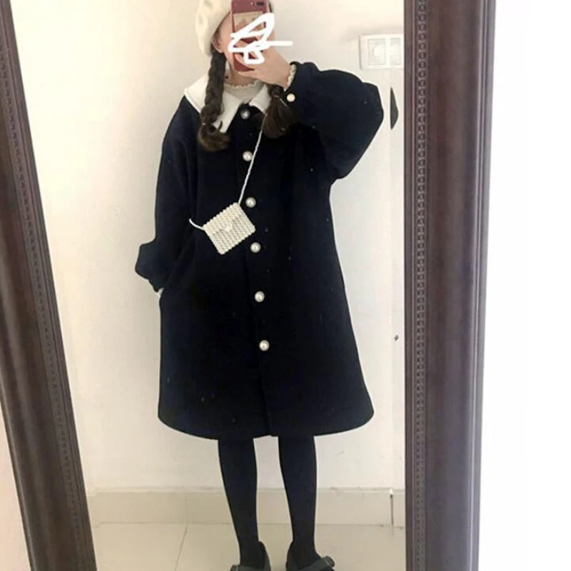 Wool Women Purple Winter Long Coat Kawaii Japanese Style Student Ruched Lantern Sleeve Sweet Harajuku All-match Streetwear Girls