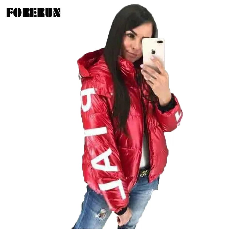 FORERUN Winter Coat Women Puffer Jacket Letter Printed Glossy Winter Jacket Cotton Padded Warm Parka Abrigos Mujer Invierno 2019