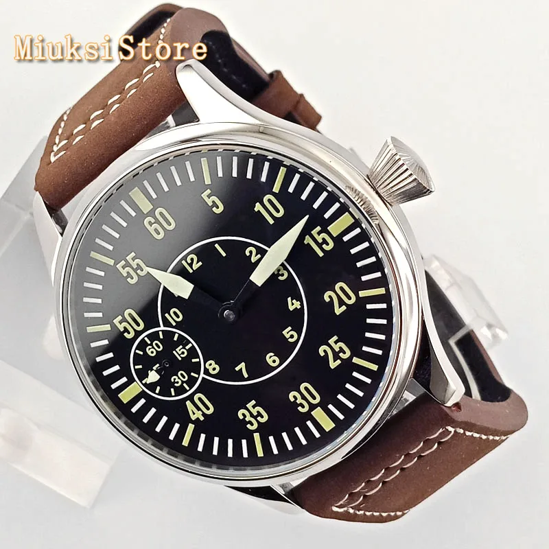 CORGEUT 44mm silver case black luminous dial leather strap  17 jewels 6497 hand winding movement mens leisure sport watch