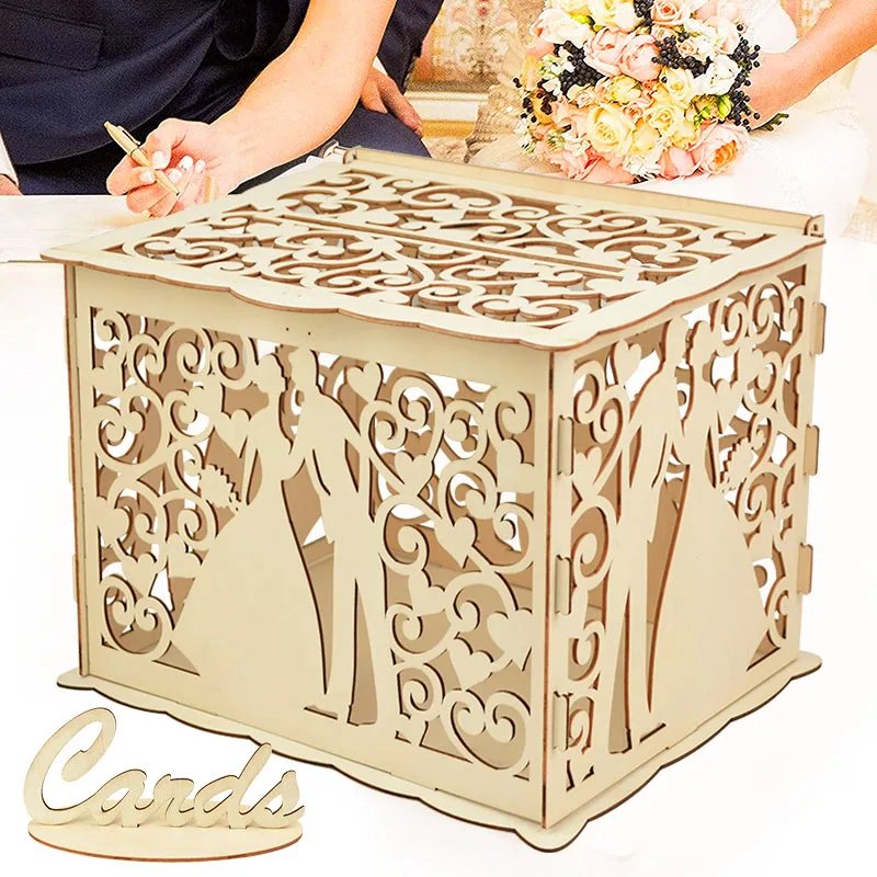 Wedding Card Boxes Hollow Mr & Mrs Floral Pattern Gift Envelope Wooden Box with Lock Wedding Party Favors DIY Decoration Supplie