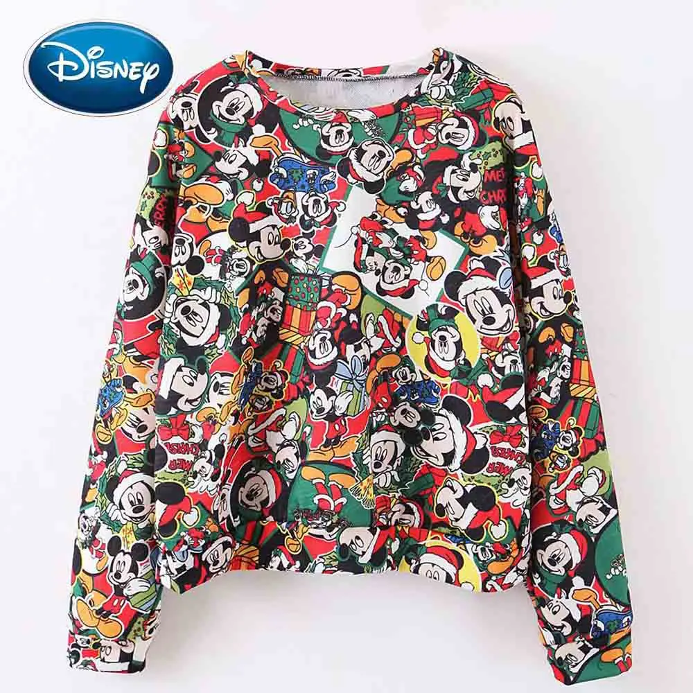 Disney Fashion Mickey Mouse Merry Christmas Letter Cartoon Print Women T-Shirt O-Neck Pullover Long Sleeve Casual Loose Tee Top