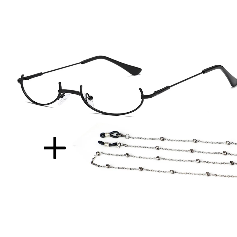 Unisex half-frame Plain glasses + chain Japanese style lensless metallic glasses plain glass spectacles with chain men or women