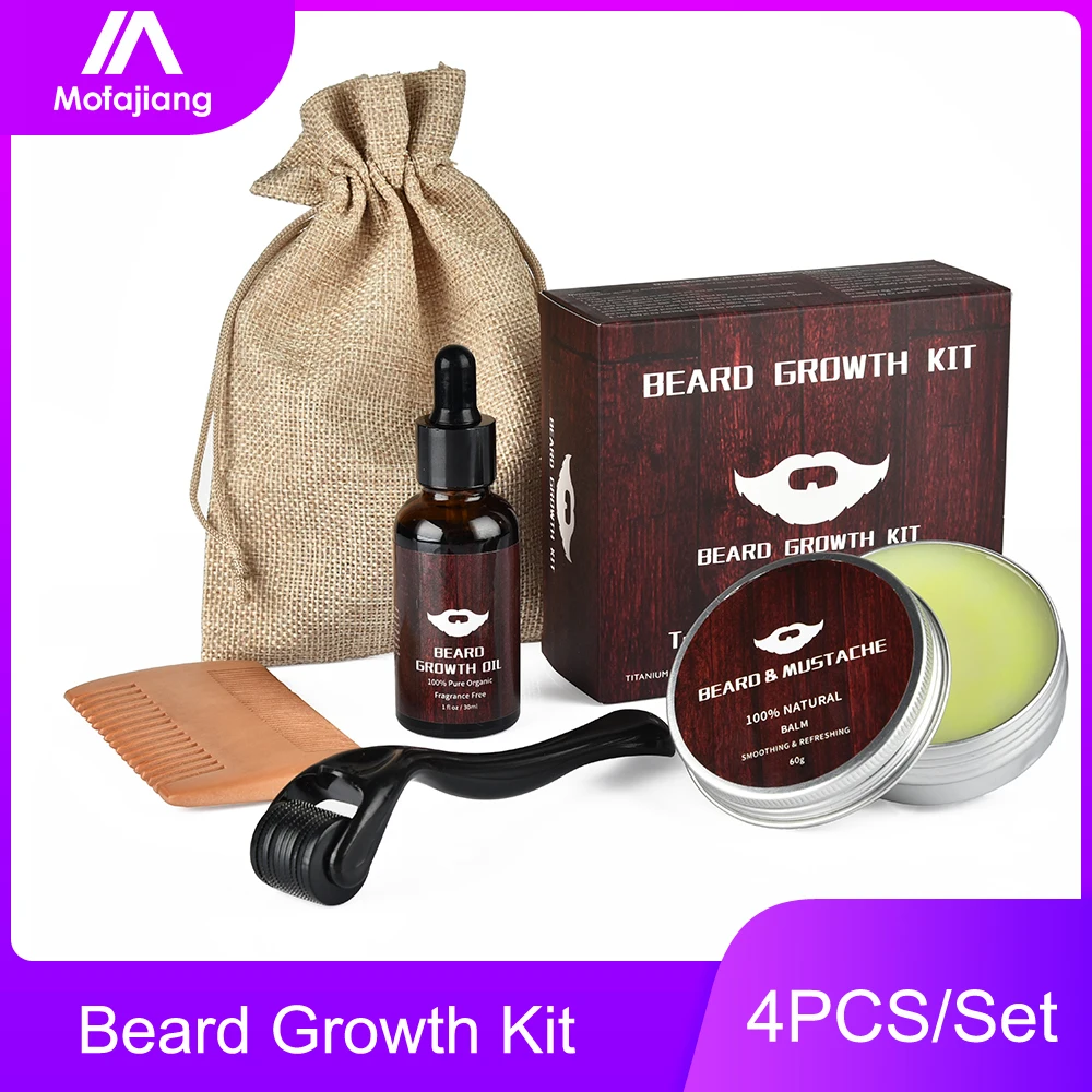 5pcs/lot the Beard Growth Oil Kit Derma Roller 540 Titanium Mustache Balm Wood Brush for Men Gift Mezoroller Serum Barbe Care