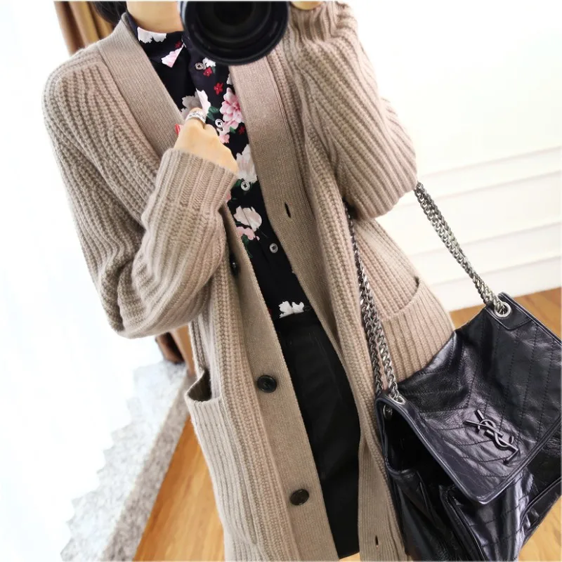 Women\'s Cashmere Wool Sweater, Knitted Casual Long Style Cardigan, V-Neck, Button Soft Sweater, Long Sleeve Dress, Winter, New