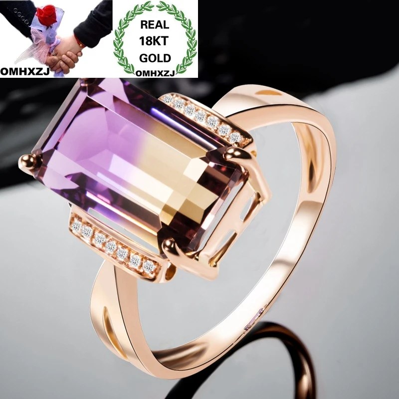 

OMHXZJ Wholesale European Fashion Woman Girl Party Birthday Wedding Gift Rectangle Ametrine AAA Zircon 18KT Rose Gold Ring RR976