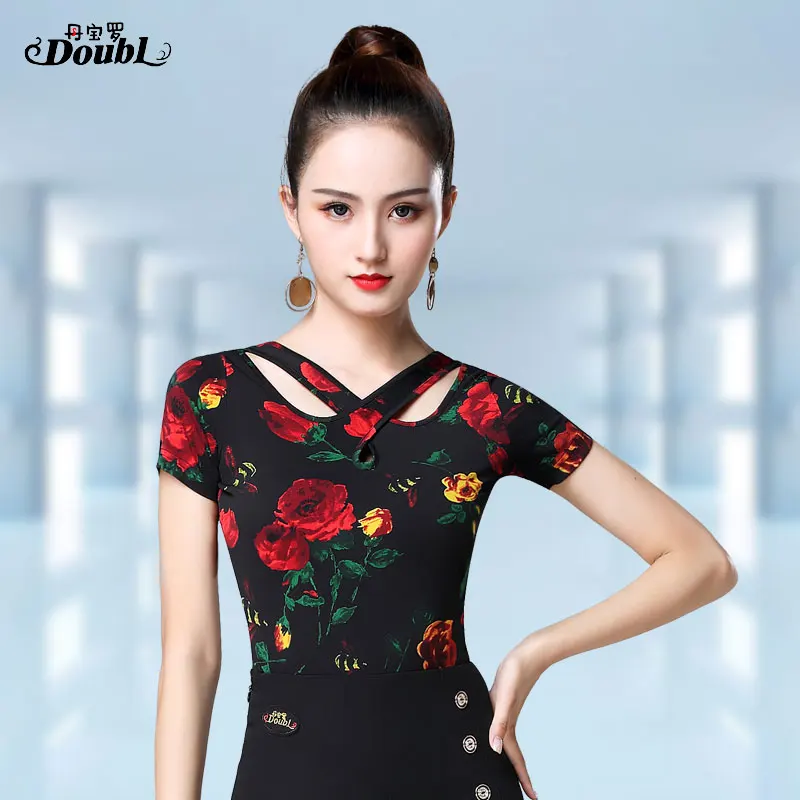 

DOUBL Sexy Female UpperClothing Adults Latin Dance Top Modern Short Sleeve Exercise Waltz Standard Dance Practise Tops for Women