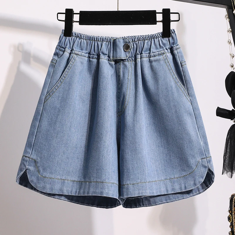 Denim Shorts For Women High Waist Blue Wide Leg Thin Jeans Summer Casual Elastic Waist Loose Shorts Hot Pants S-5XL