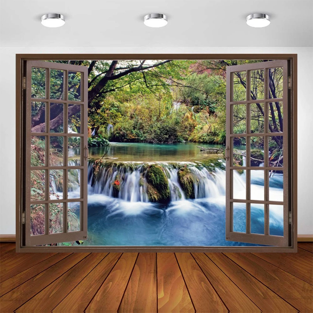 Spring River Waterfall Forest Window Backdrop For Photography Background Natural Scenery  Family Photo Shoot Booth Photocall